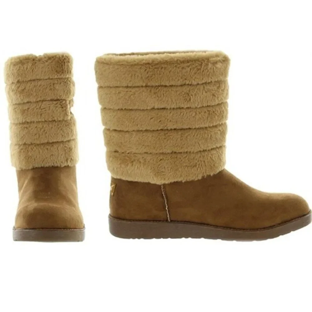 Bebe Women's Winter‎ Boots Faux Shearling Rhinestone Logo Brown Shoes Size 7 $99